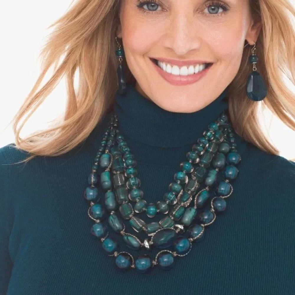 Chico's Anne Short Teal Stone Multi-Strand Necklace - Picture 2 of 3